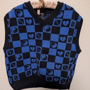 Forever 21 Mens/Unisex Blue and Black Patterned Sweater Vest